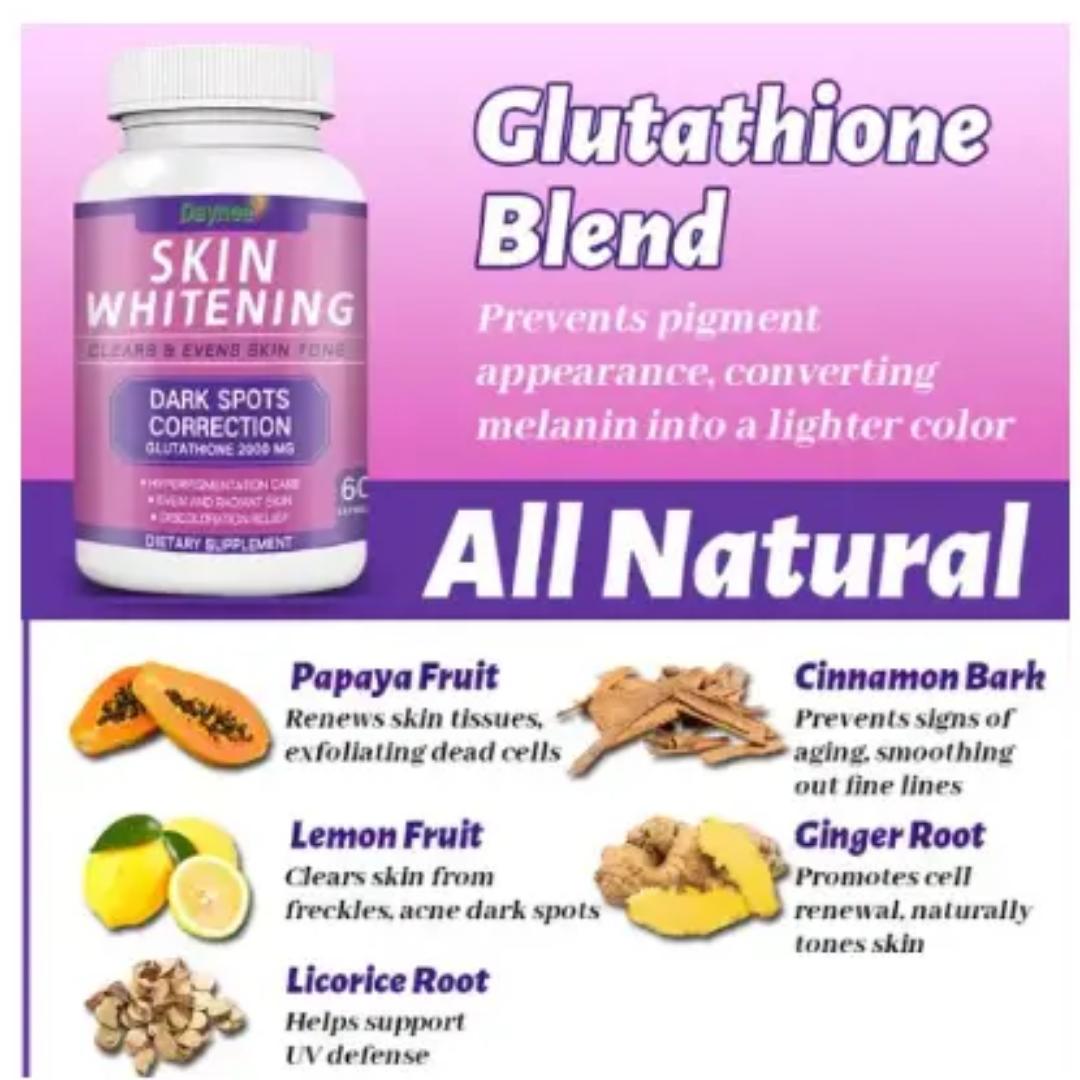Skin Whitening Tablets Clears & Evens Skin Tone Dark Spot Correction with Glutathione 2000MG For Hyperpigmentation Care, Even & Radiant Skin and Discoloration Relief Dietary Supplement- 60 capsules