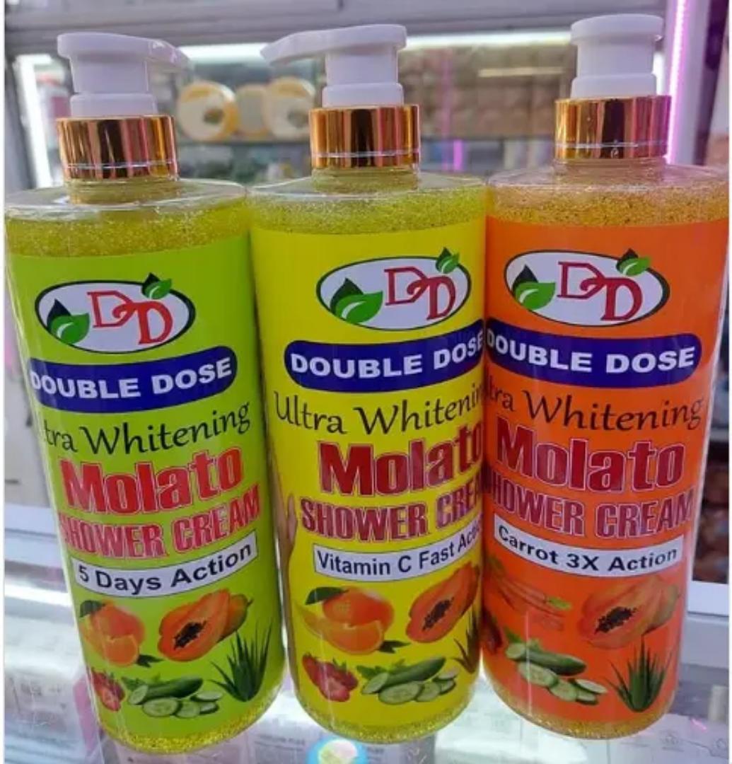 Double Dose Ultra Whitening Molato Shower Cream. Enriched with powerful ingredients, it fades dark spots and hyperpigmentation while nourishing and hydrating skin. Fast-acting formula in just 5 Days.