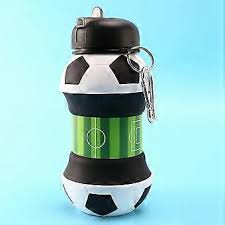 Collapsible Water Bottle for Kids Water Bottle, Silicone Football Water Bottle, 550ml Kids Water Bottle with Keyring, BPA Free Leakproof Foldable Water Bottle for Outdoor,school,