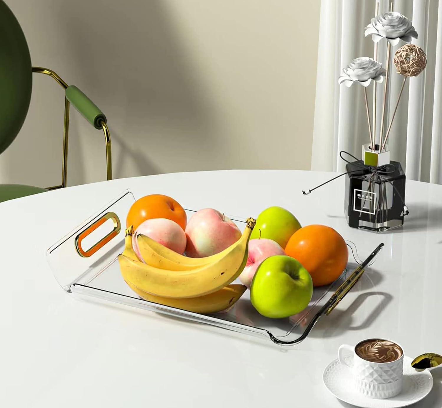 Serving Tray with Handles, Clear Acrylic Decorative Trays Platter for Coffee Table, Breakfast in Bed with Placemat