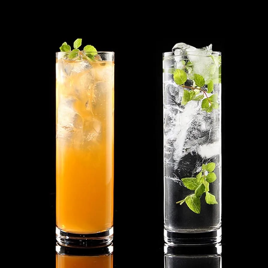 Drinking Glasses Set of 6 slim Glass Cups Bar Glasses, Uses for Juice, Water, Cocktails, Beverages, and Iced Tea. Dishwasher Safe
