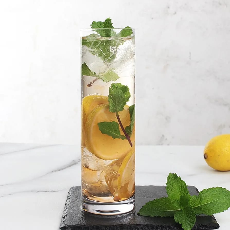 Drinking Glasses Set of 6 slim Glass Cups Bar Glasses, Uses for Juice, Water, Cocktails, Beverages, and Iced Tea. Dishwasher Safe