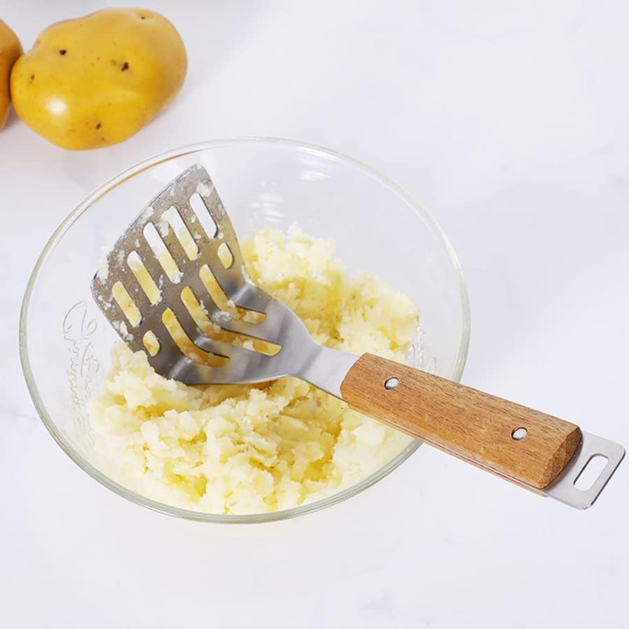 1 Potato Masher Stainless Steel Hand Food Masher Heavy Duty Manual Masher Kitchen Tool with Wood Handle for Avocado, Bean, Vegetable