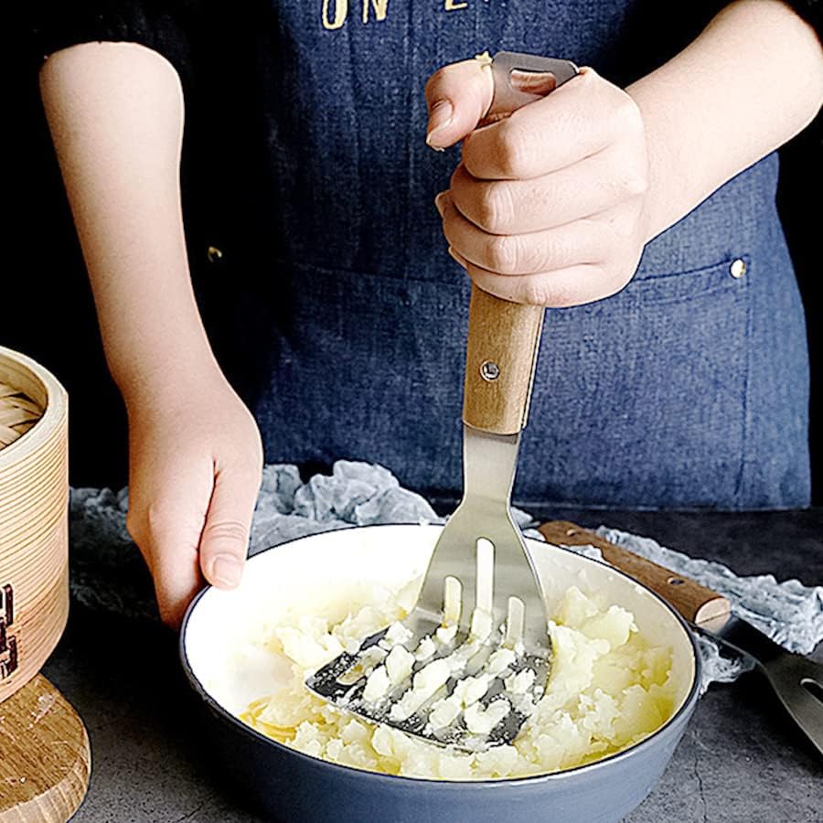 1 Potato Masher Stainless Steel Hand Food Masher Heavy Duty Manual Masher Kitchen Tool with Wood Handle for Avocado, Bean, Vegetable