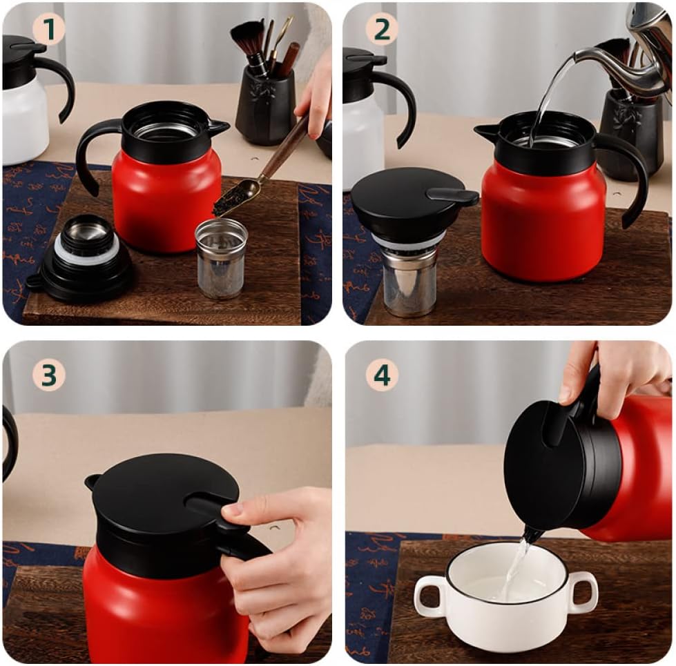 800ML Insulated Vacuum Coffee Pot With with Removable Tea Infuser  Double Walled Vacuum Thermos High Capacity Non Slip Bottom Thermos for Kitchen Office-Red