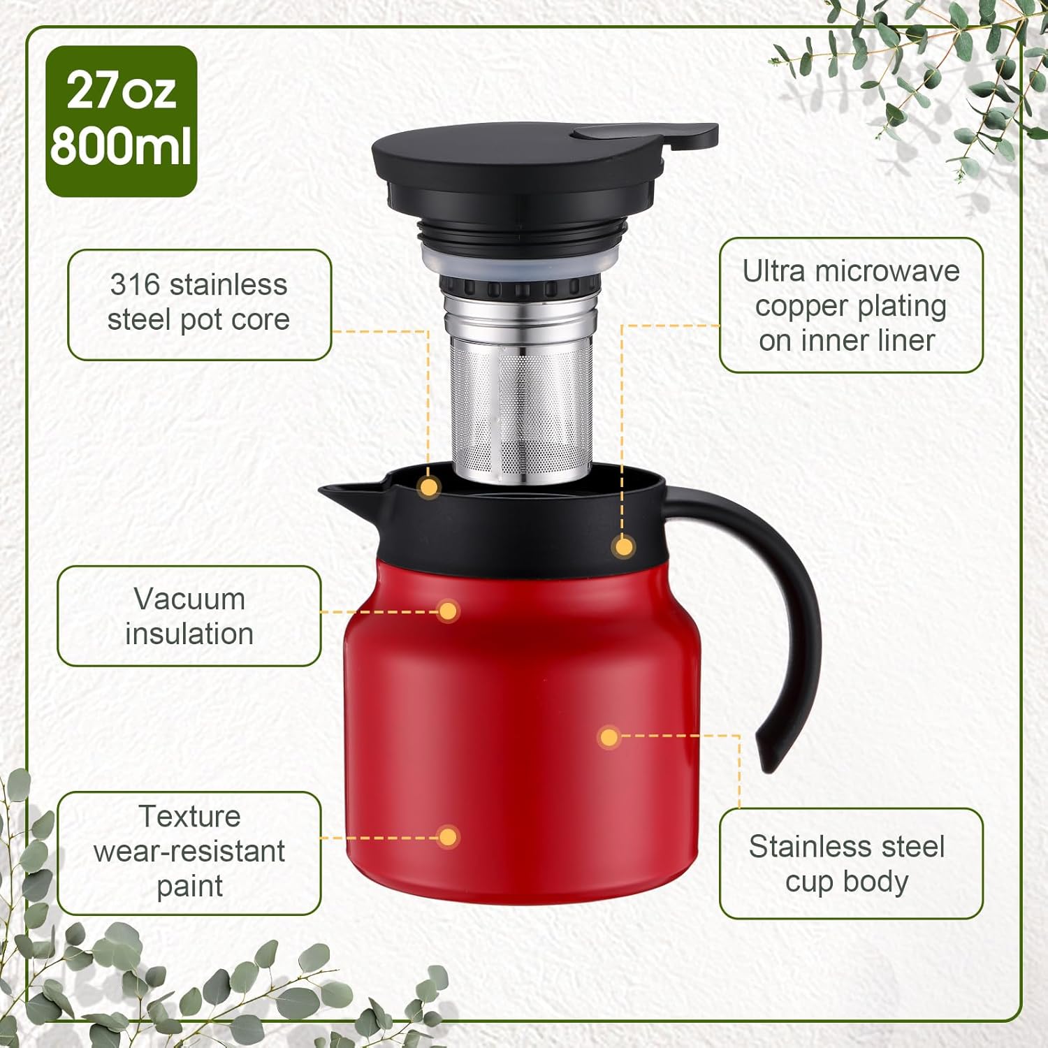 800ML Insulated Vacuum Coffee Pot With with Removable Tea Infuser  Double Walled Vacuum Thermos High Capacity Non Slip Bottom Thermos for Kitchen Office-Red