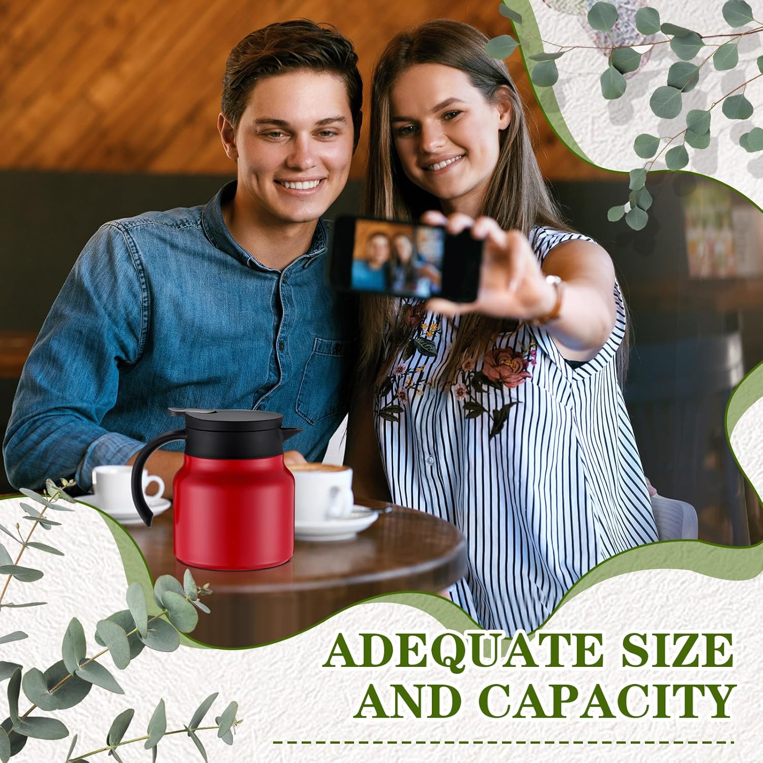 800ML Insulated Vacuum Coffee Pot With with Removable Tea Infuser  Double Walled Vacuum Thermos High Capacity Non Slip Bottom Thermos for Kitchen Office-Red
