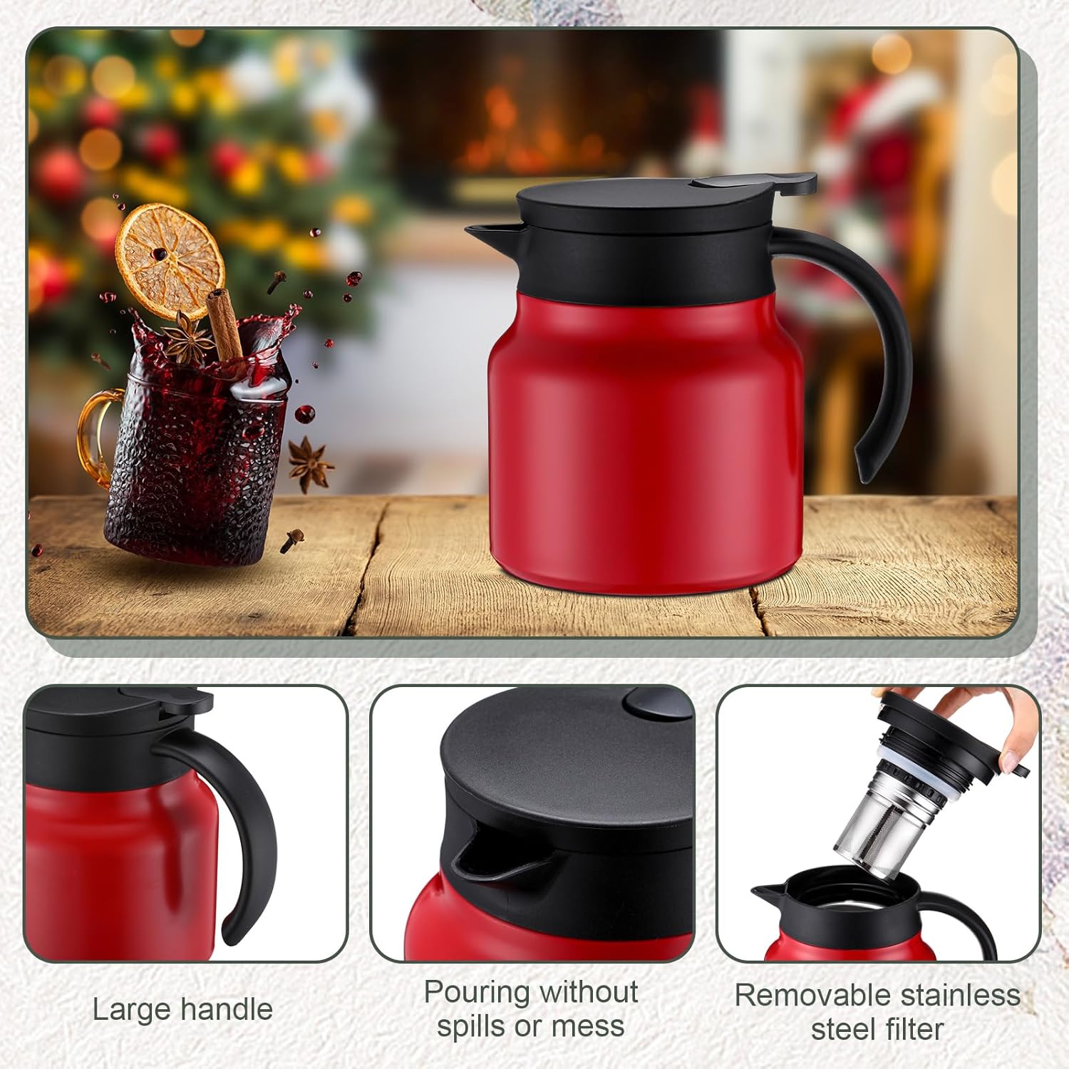 800ML Insulated Vacuum Coffee Pot With with Removable Tea Infuser  Double Walled Vacuum Thermos High Capacity Non Slip Bottom Thermos for Kitchen Office-Red