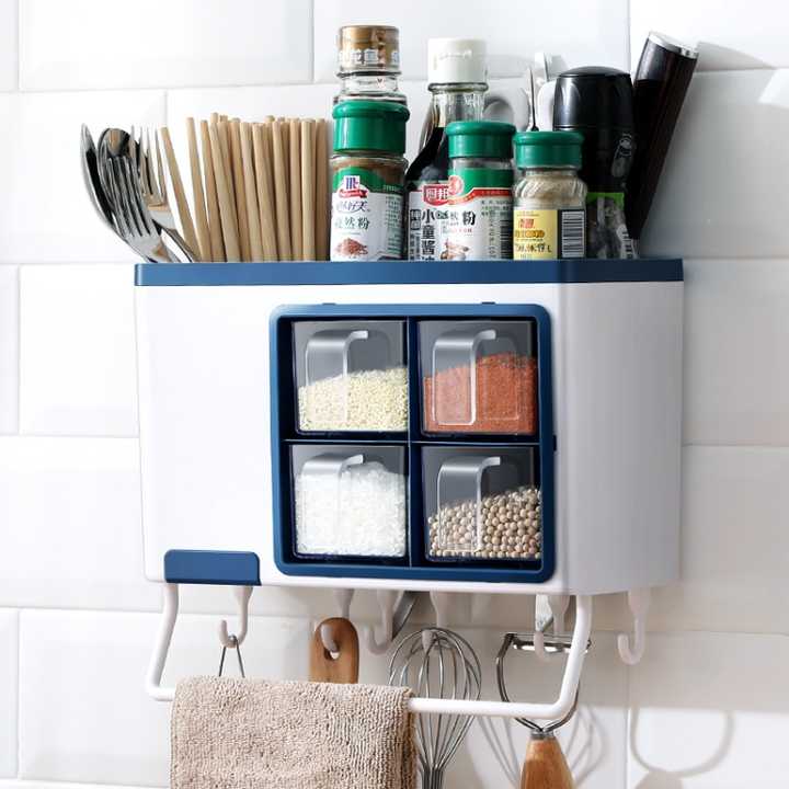 Multifunctional Seasoning rack with cultlery holder ,It is Ideal storage tool for spice, salt, pepper, msg, sugar, sesame and other flavorings, transparent body, easy to find the item what you need.