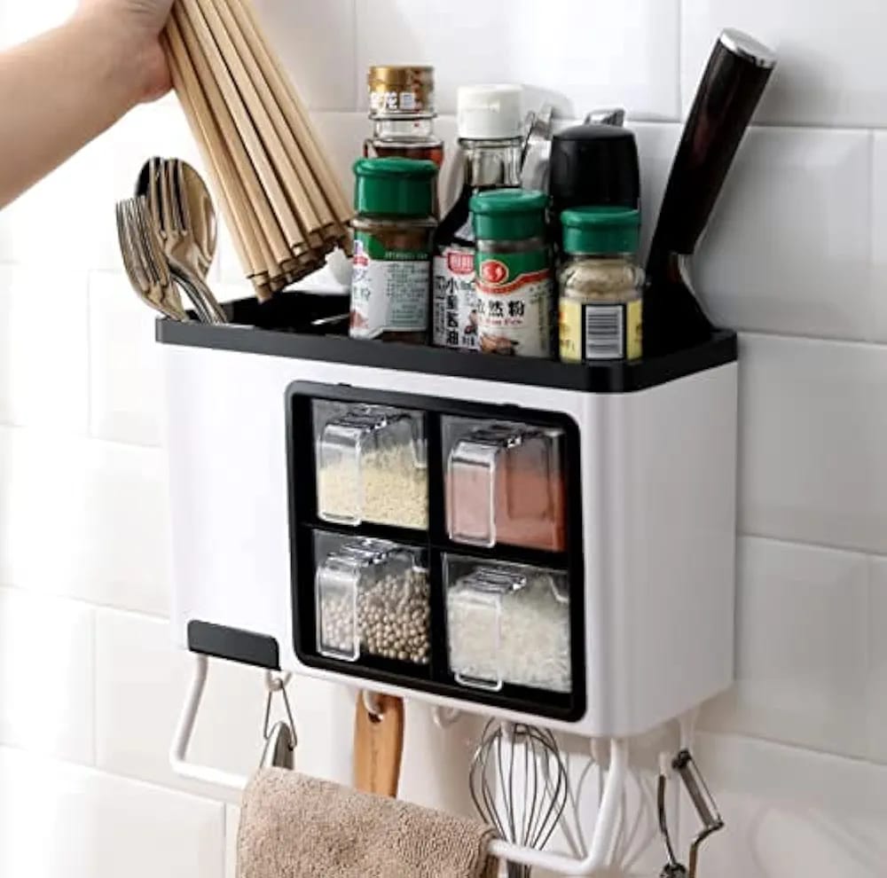 Multifunctional Seasoning rack with cultlery holder ,It is Ideal storage tool for spice, salt, pepper, msg, sugar, sesame and other flavorings, transparent body, easy to find the item what you need.