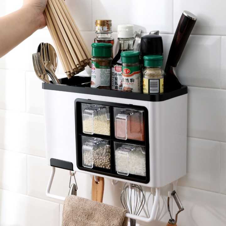 Multifunctional Seasoning rack with cultlery holder ,It is Ideal storage tool for spice, salt, pepper, msg, sugar, sesame and other flavorings, transparent body, easy to find the item what you need.