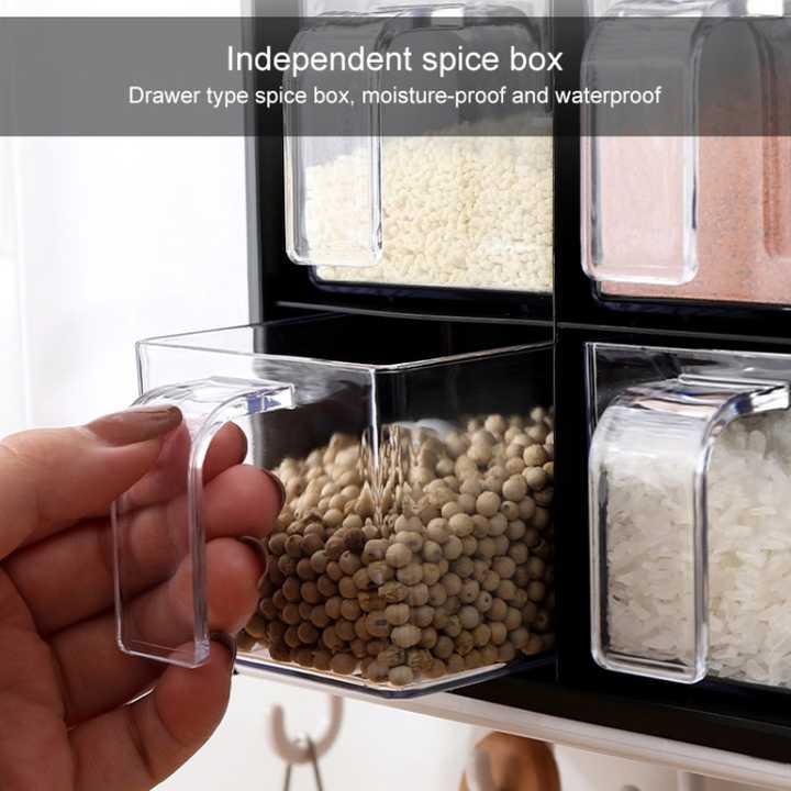 Multifunctional Seasoning rack with cultlery holder ,It is Ideal storage tool for spice, salt, pepper, msg, sugar, sesame and other flavorings, transparent body, easy to find the item what you need.