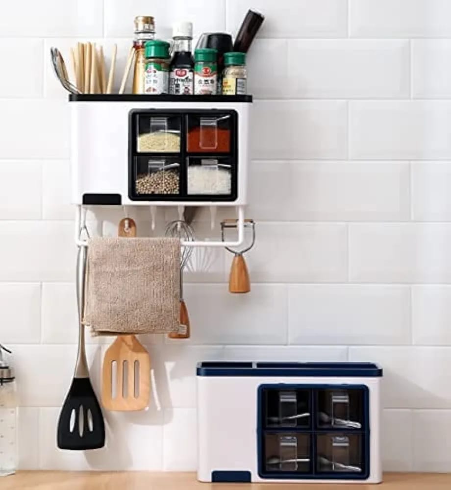 Multifunctional Seasoning rack with cultlery holder ,It is Ideal storage tool for spice, salt, pepper, msg, sugar, sesame and other flavorings, transparent body, easy to find the item what you need.