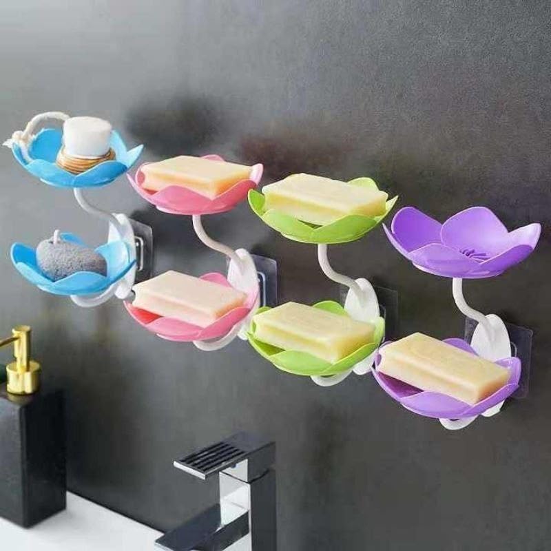 1pc rose soap  holder,Wall- Mounted Drain Soap Box Double Layer Lotus Flower Shaped Soap Tray Removable Soap Dish Non- Slip Storage Self- Adhesive Bathroom Accessories