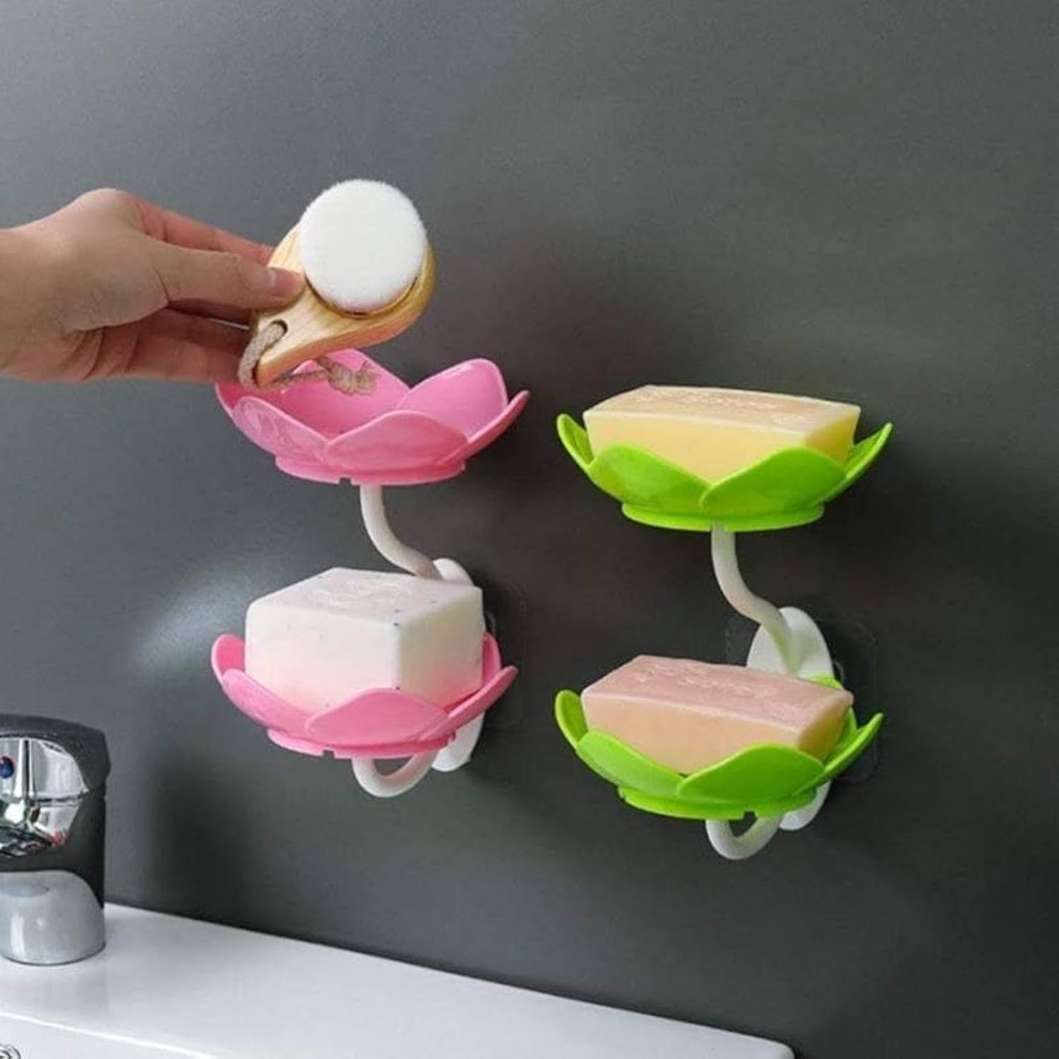 1pc rose soap  holder,Wall- Mounted Drain Soap Box Double Layer Lotus Flower Shaped Soap Tray Removable Soap Dish Non- Slip Storage Self- Adhesive Bathroom Accessories