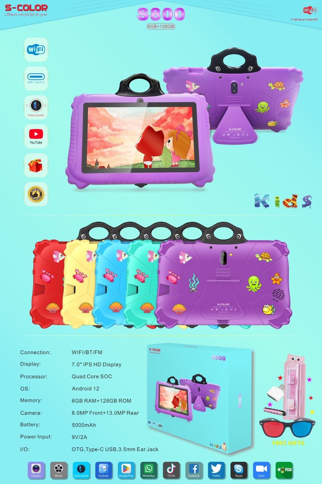 S Color 6GB Ram 256GB Rom Kids Android Tablets