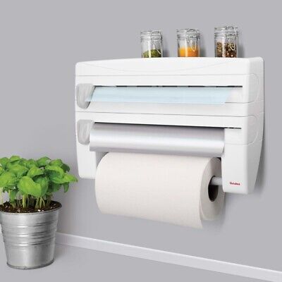 LUXURY 4in1 Triple Paper Dispenser + Top Tray Kitchen Roll Holder Dispenser, Cling Film Dispenser and Cutter, 3 in 1 Wall Mounted Roll Holder for Film, Foil and Paper, Kitchen Roll Dispenser