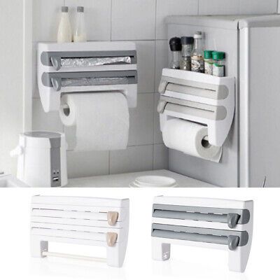 LUXURY 4in1 Triple Paper Dispenser + Top Tray Kitchen Roll Holder Dispenser, Cling Film Dispenser and Cutter, 3 in 1 Wall Mounted Roll Holder for Film, Foil and Paper, Kitchen Roll Dispenser