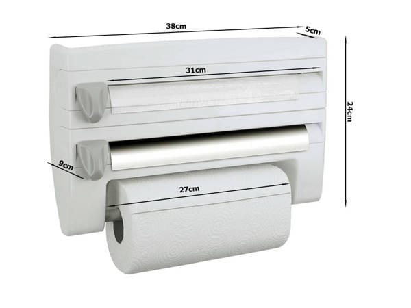 LUXURY 4in1 Triple Paper Dispenser + Top Tray Kitchen Roll Holder Dispenser, Cling Film Dispenser and Cutter, 3 in 1 Wall Mounted Roll Holder for Film, Foil and Paper, Kitchen Roll Dispenser