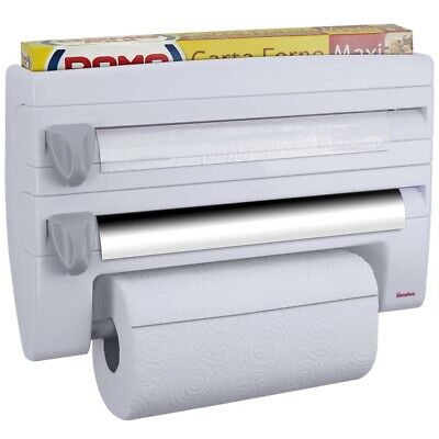 LUXURY 4in1 Triple Paper Dispenser + Top Tray Kitchen Roll Holder Dispenser, Cling Film Dispenser and Cutter, 3 in 1 Wall Mounted Roll Holder for Film, Foil and Paper, Kitchen Roll Dispenser
