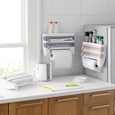 LUXURY 4in1 Triple Paper Dispenser + Top Tray Kitchen Roll Holder Dispenser, Cling Film Dispenser and Cutter, 3 in 1 Wall Mounted Roll Holder for Film, Foil and Paper, Kitchen Roll Dispenser