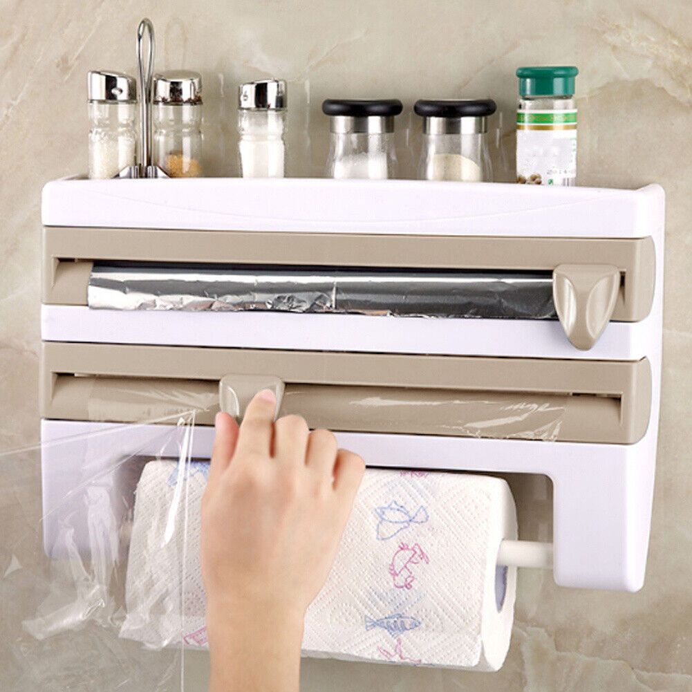 LUXURY 4in1 Triple Paper Dispenser + Top Tray Kitchen Roll Holder Dispenser, Cling Film Dispenser and Cutter, 3 in 1 Wall Mounted Roll Holder for Film, Foil and Paper, Kitchen Roll Dispenser