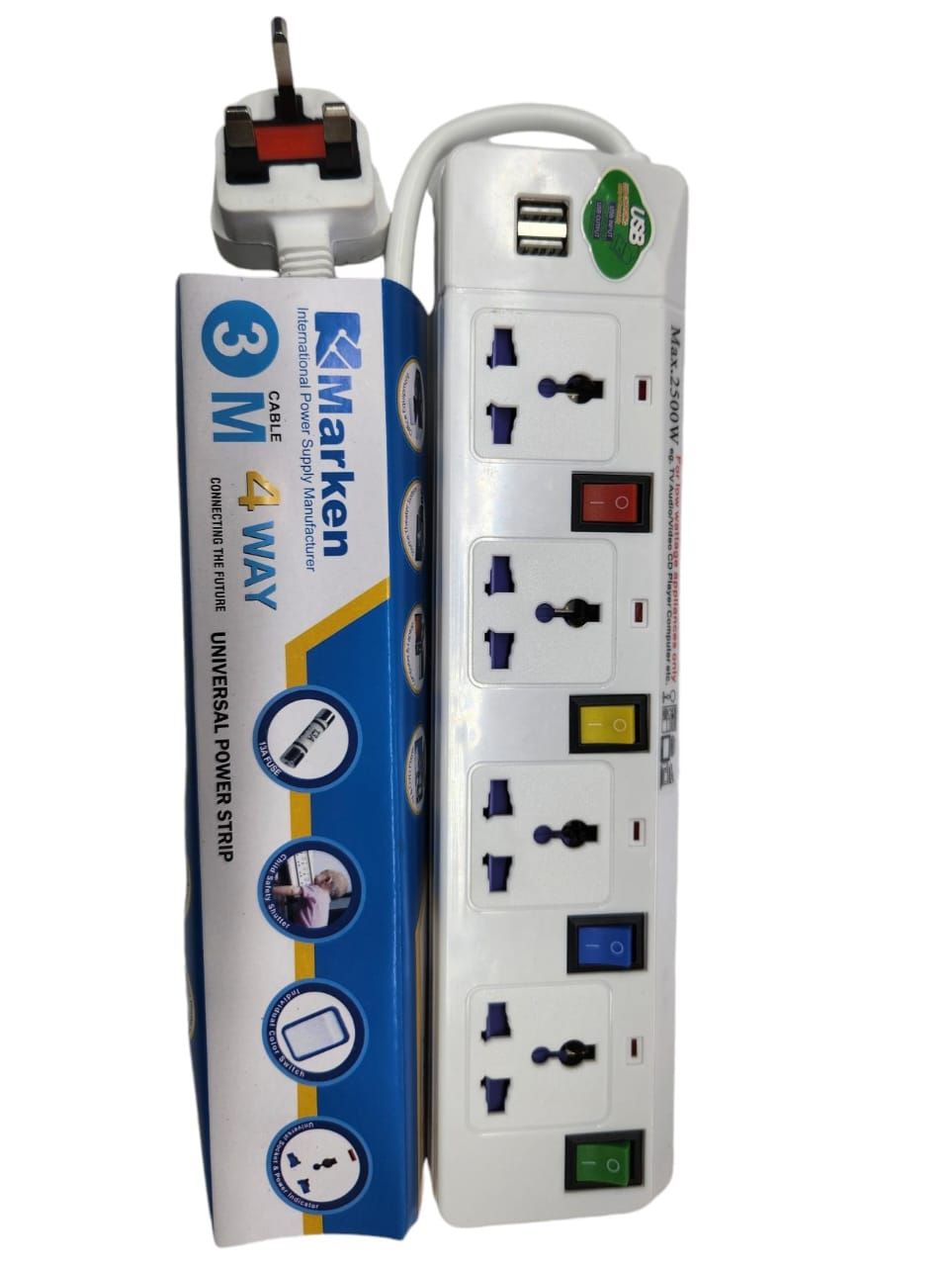 Marken 4 way extension with 2 USB ports, 3M Power Cable Electric Power Extension with USB Ports, 4-Way Sockets,2 USB Ports, and Independent Switches – For Home & Office Use