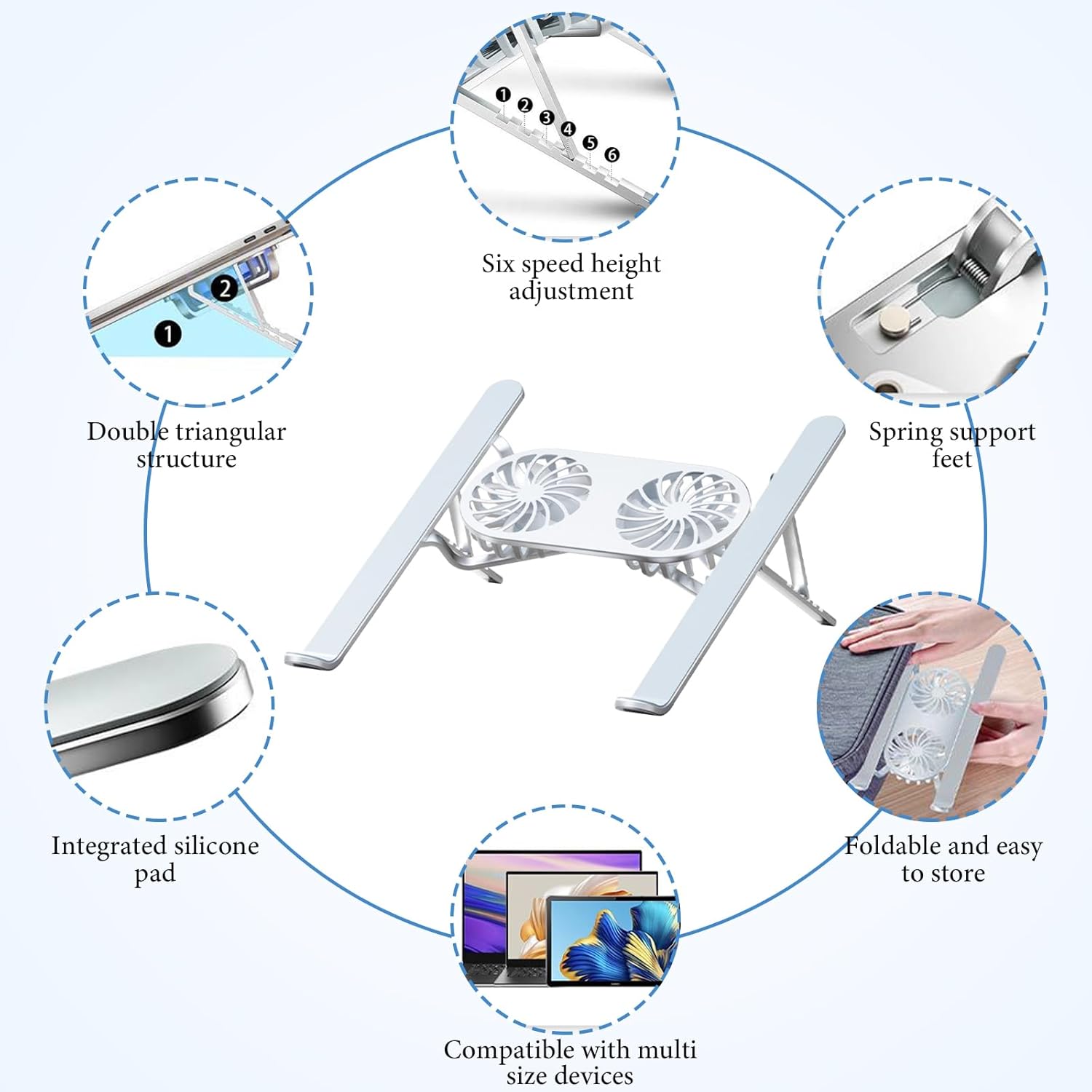 Laptop Cooling Base, Foldable Laptop Stand, Laptop Cooling System Stand with 2 Silent Fan, Adjustable Height, LED Lights, for 10 – 15.6 Inch Laptops