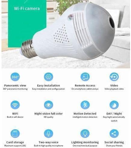Wi-Fi Camera CCTV Camera 1080p Wireless PTZ Bulb Shape V380 Pro | Indoor 360° Smart Home Security Camera Light Vision 24x7 Continuous Recording with Motion Sensor LED Lights (Bulb Camera)