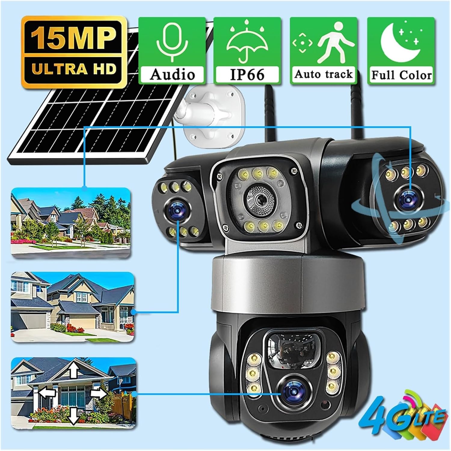 Solar Security Cameras Outdoor, 4G 8MP Triple Lens PTZ Camera, Auto Tracking, PIR Motion Detection, 2-Way Audio, Home Security Surveillance Camera