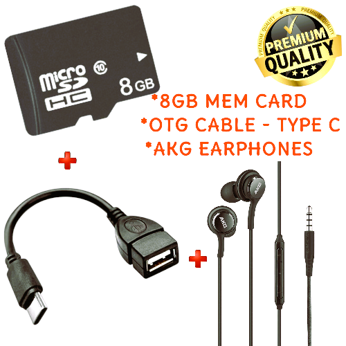OTG Cable + AKG Earphones + 8GB Memory Card