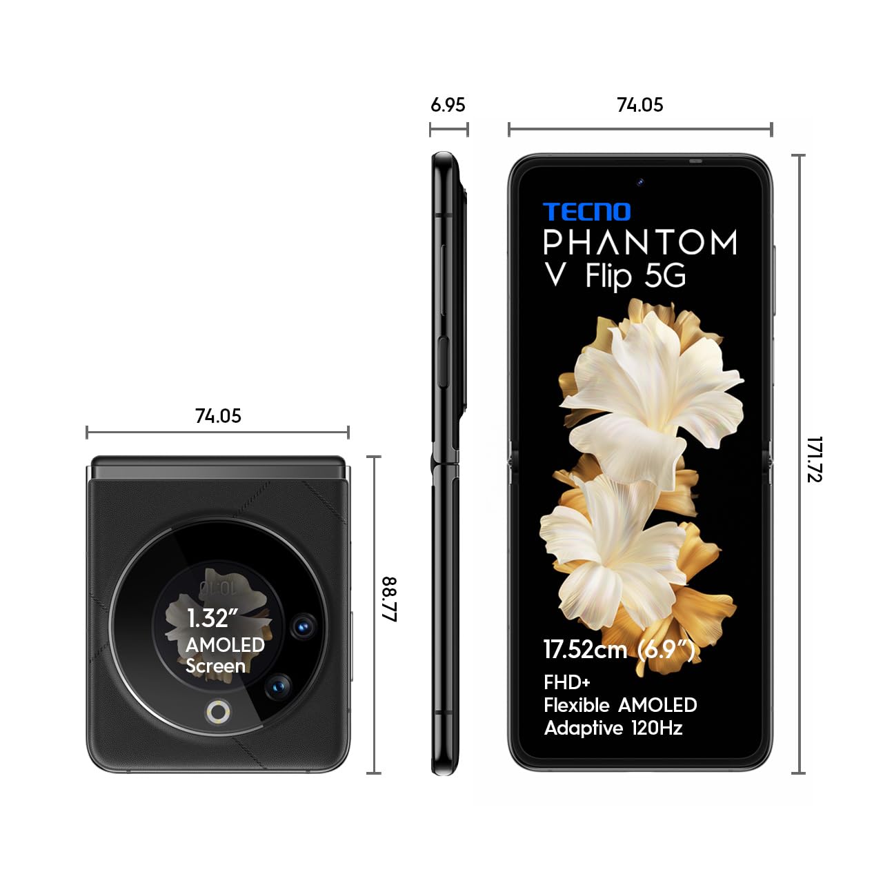 Refurbished Tecno Phantom V Flip Black 8GB RAM 256 GB ROM 6.9'' 4000mAh 32MP+64MP Camera Android Smartphones/ Mobile Phones