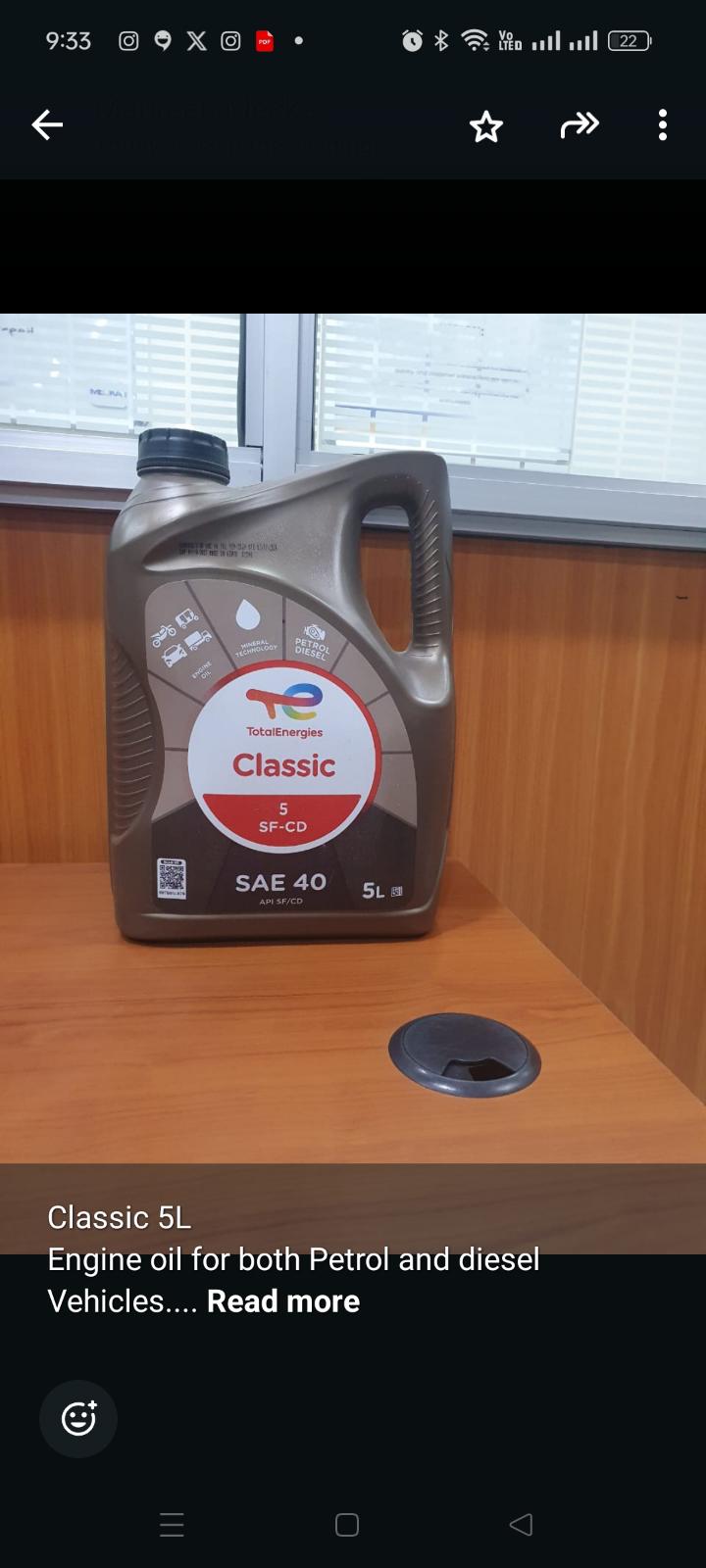Classic 5L
Engine oil for both Petrol and diesel Vehicles. 

Price per piece-ksh.2600
Price per carton 3pcs-ksh.7800.
Price negotiable depending on quantity purchased.