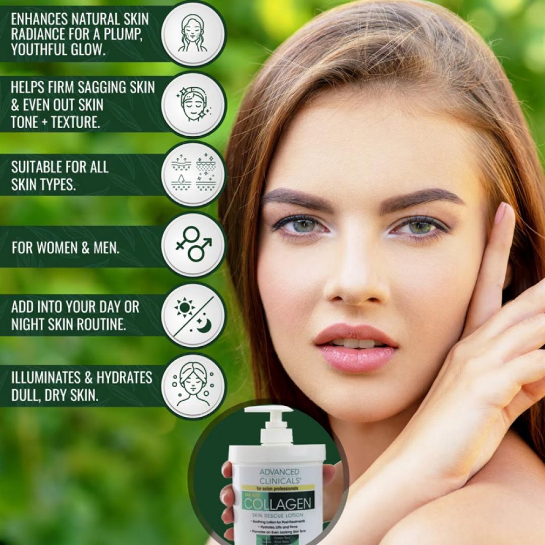 Advanced clinicals Collagen skin rescue lotion for soothing post-treatments hydrates lifts and firms promote an even skin tone infused with aloe Vera green tea and chamomile