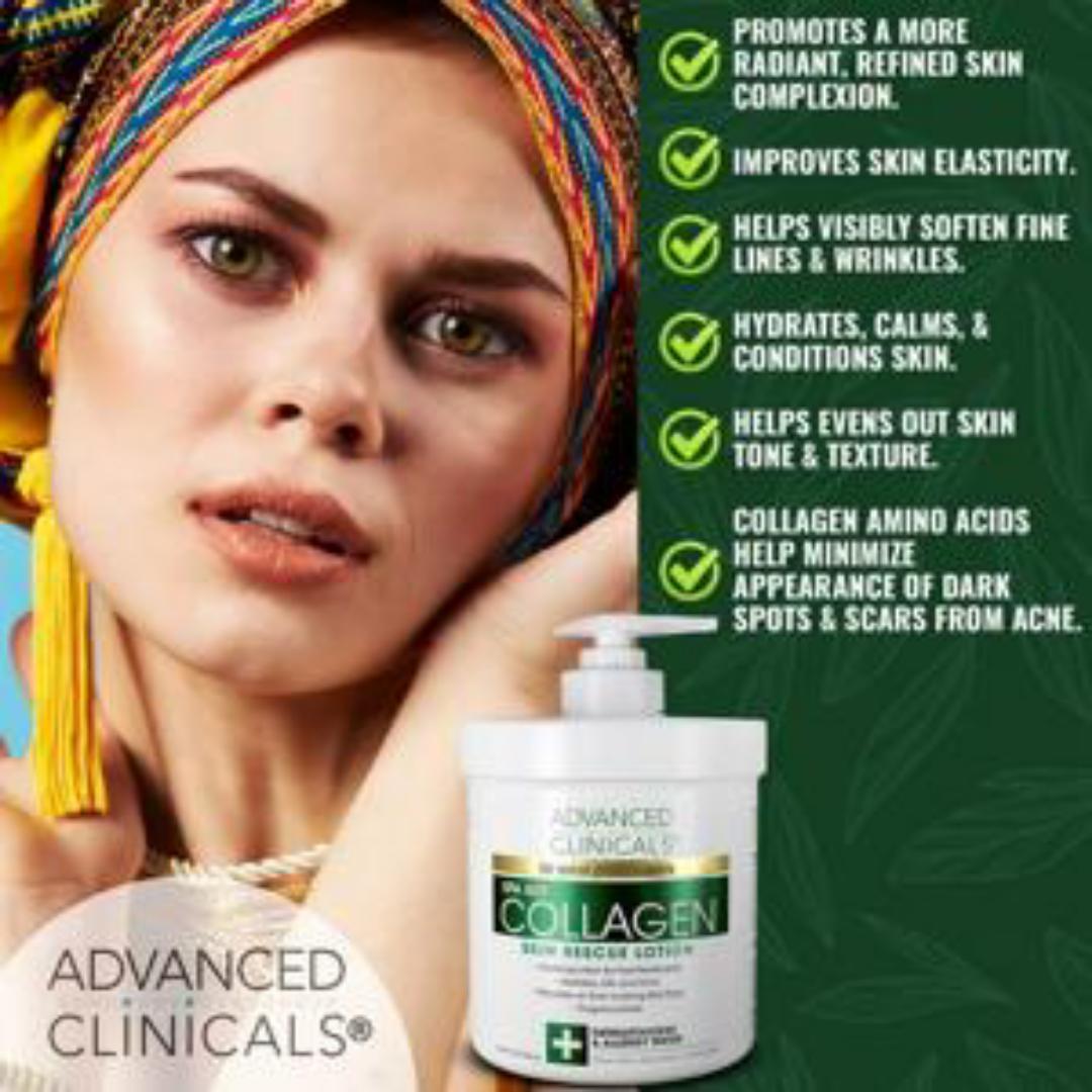 Advanced clinicals Collagen skin rescue lotion for soothing post-treatments hydrates lifts and firms promote an even skin tone infused with aloe Vera green tea and chamomile