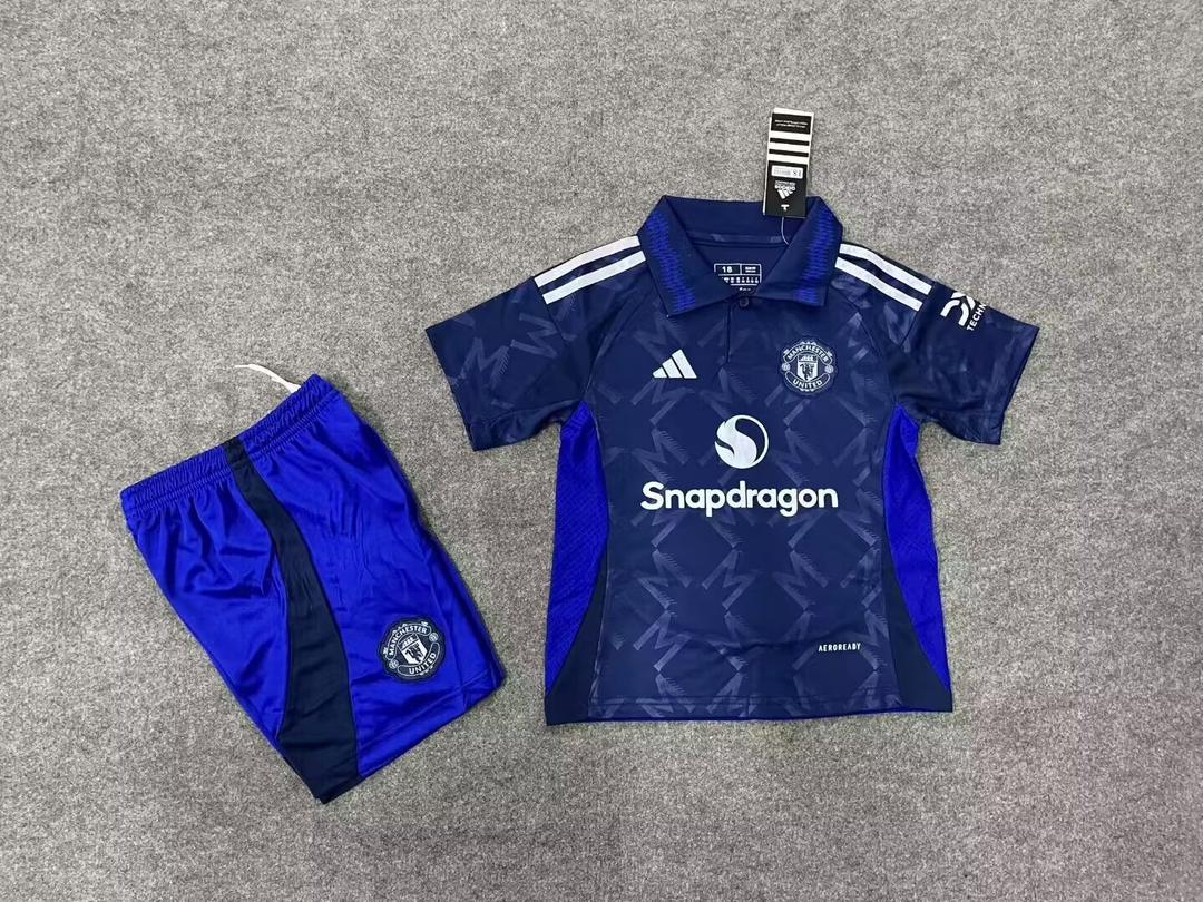 Original Manchester united Kids Jersey full set jersey plus shorts/ man united away jersey for kids with shorts blue