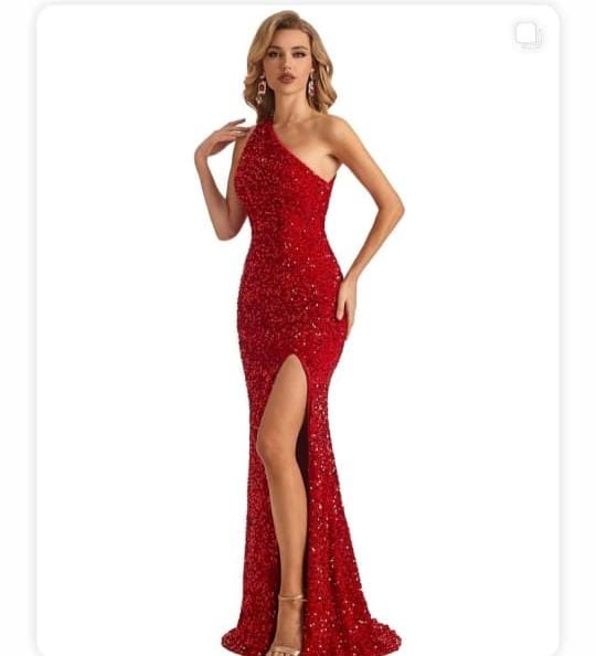 One Shoulder Sequin evening Gown. Elegant Slit Maxi Dress.