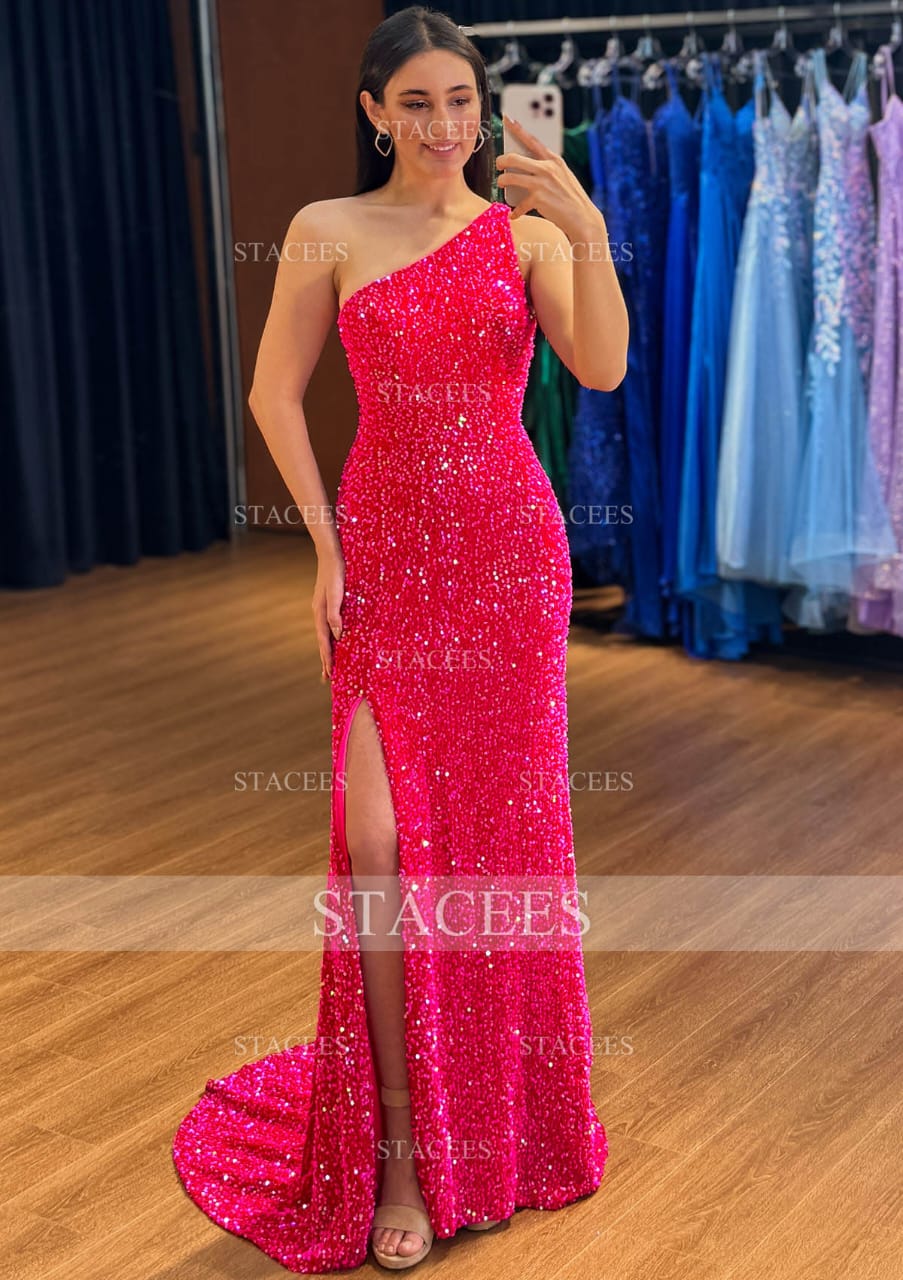 One Shoulder Sequin evening Gown. Elegant Slit Maxi Dress.
