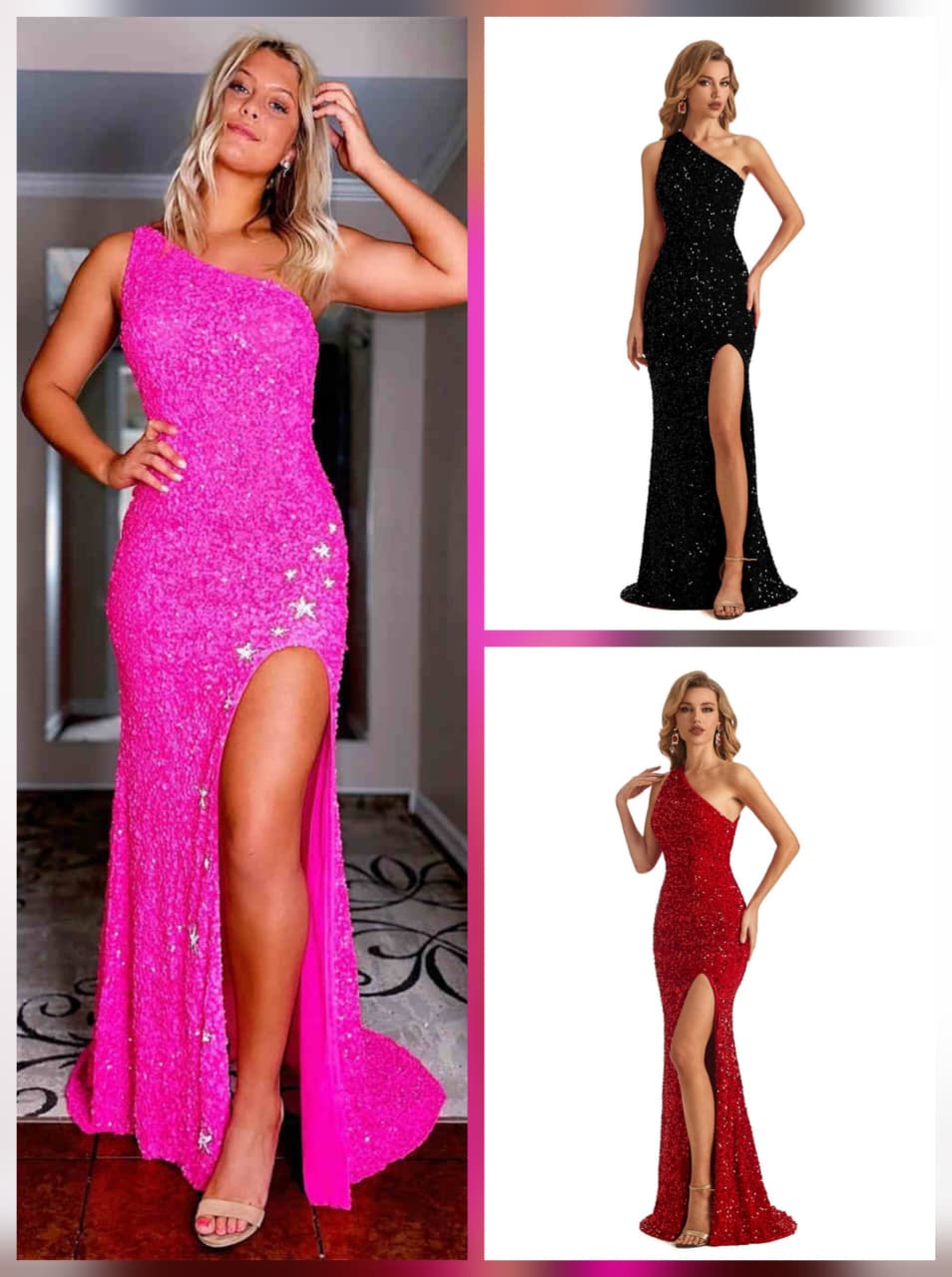 One Shoulder Sequin evening Gown. Elegant Slit Maxi Dress.