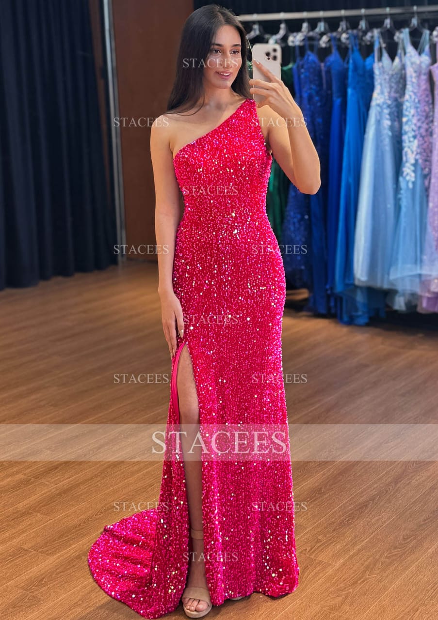 One Shoulder Sequin evening Gown. Elegant Slit Maxi Dress.