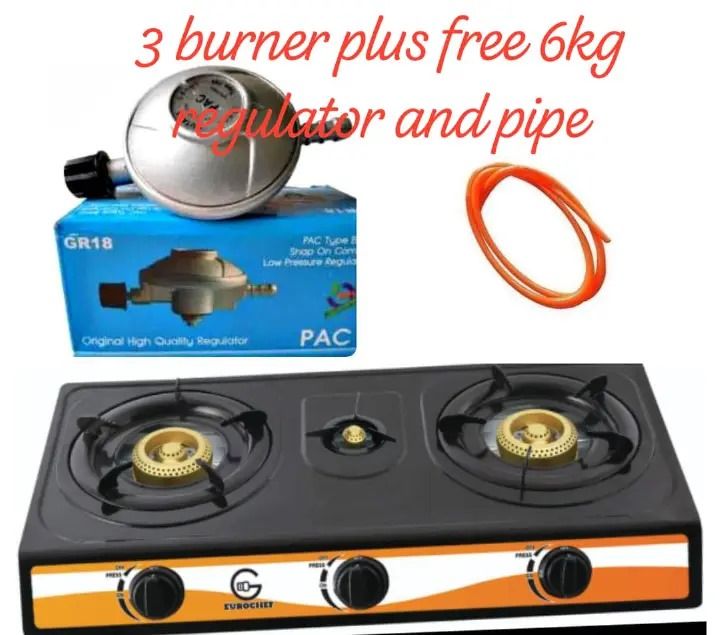 Eurochef Table Top Stainless Steel 3 Burner Gas Cooker Plus 6kg Regulator And Pipe