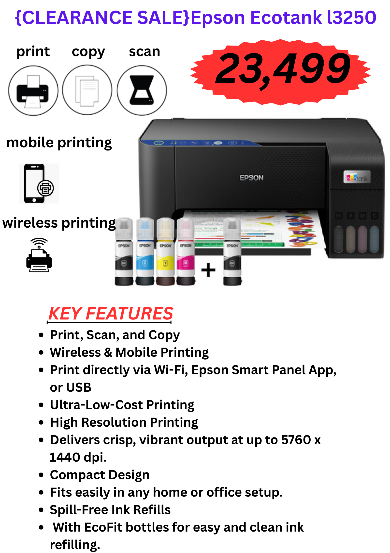 Epson EcoTank L3250 A4 WIRELESS Printer,All-in-one, 1 Year WARRANTY