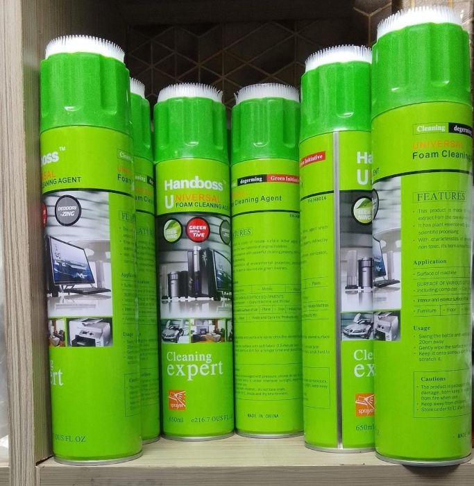 Handboss Universal Foam Cleaning Agent. It is a multi-purpose foam cleaner that can be used on various surfaces, including electronics, office equipment, furniture, and car interiors.