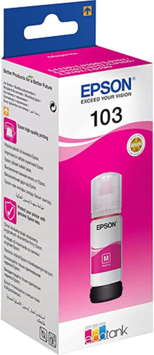Epson 103 [magenta] Ink Bottle – Original EcoTank High-Yield Ink for Epson L-Series Printers, Produces Sharp, Bright Cyan Colors, Smudge-Free Prints, Reliable Quality, and Long-Lasting Performance