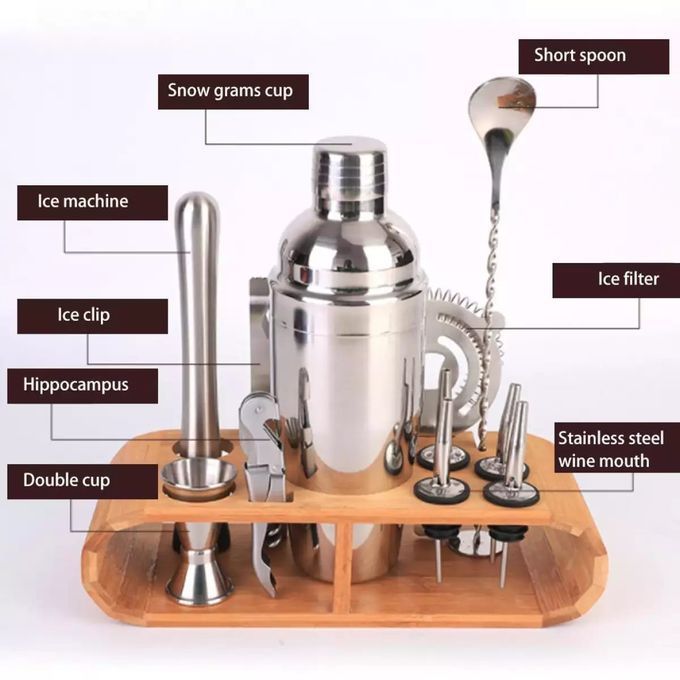 12 pcs cocktail shaker set  with bamboo stand