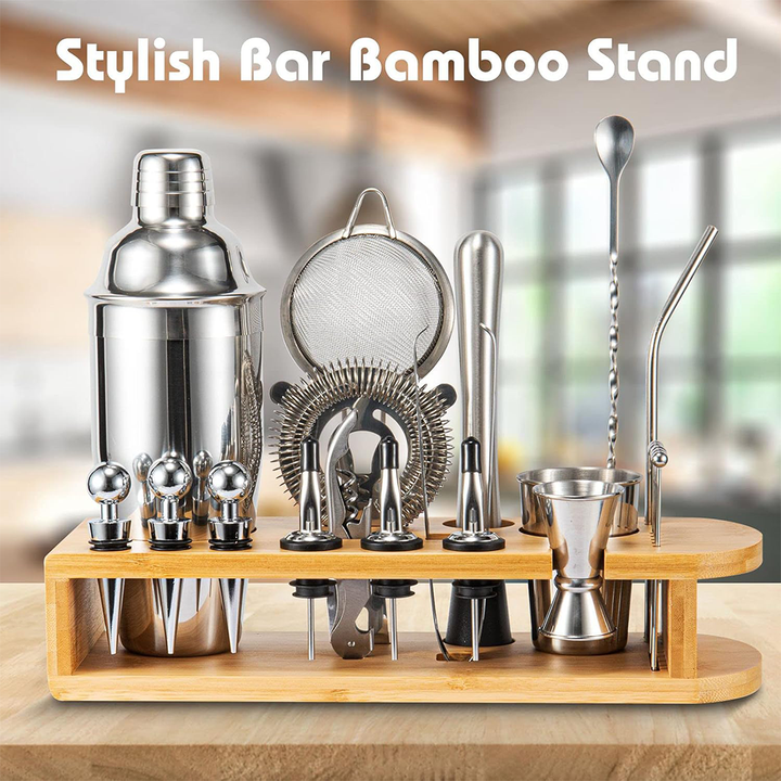 12 pcs cocktail shaker set  with bamboo stand