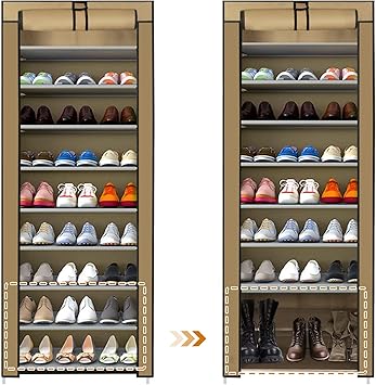Shoze 10 Tier Shoe Rack with Cover 160x58x28cm Shoe Storage Organizer Stand Canvas Dustproof Shoe Cabinet Hold up to 27 Pairs Shoes Shoe Shlef for Bedroom Hallway Enterway