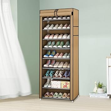 Shoze 10 Tier Shoe Rack with Cover 160x58x28cm Shoe Storage Organizer Stand Canvas Dustproof Shoe Cabinet Hold up to 27 Pairs Shoes Shoe Shlef for Bedroom Hallway Enterway