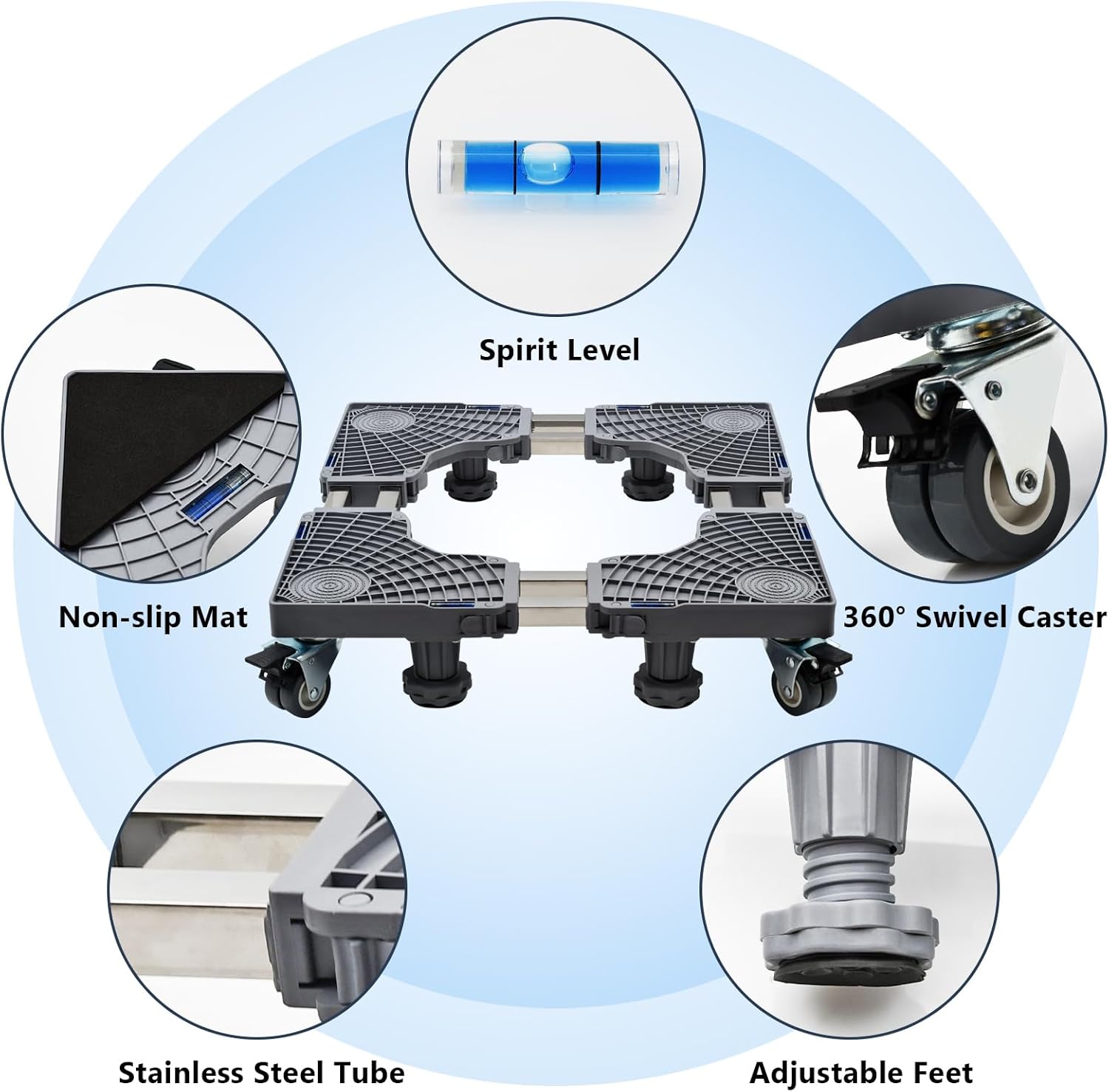 washing machine base base with high-quality stainless steel and resin, it has excellent stability and corrosion resistance. In addition, the load capacity for feet and wheels is up to 200-30