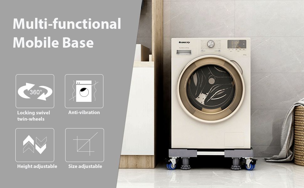 washing machine base base with high-quality stainless steel and resin, it has excellent stability and corrosion resistance. In addition, the load capacity for feet and wheels is up to 200-30